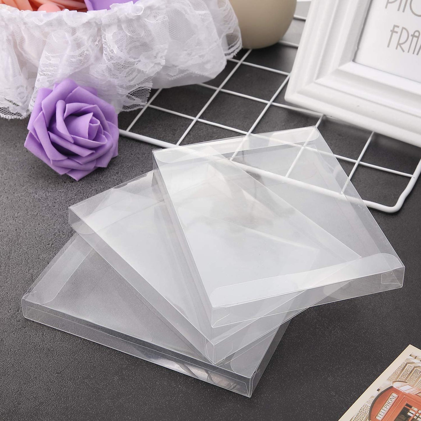Blulu 100 Packs Clear Plastic Crystal Boxes Transparent Greeting Card Photo Storage Cases Soft Fold Design Protects Letters Photos