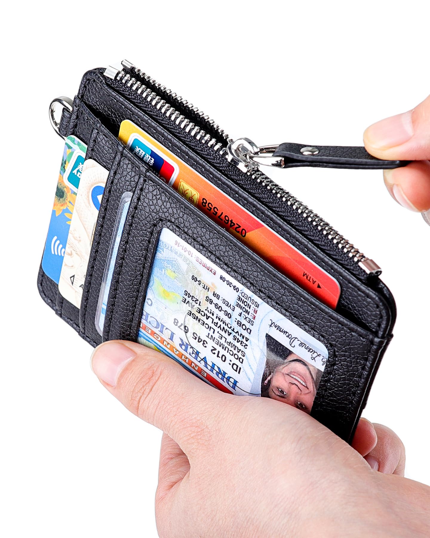 Teskyer Slim Card Holder Wallet with Zip Pocket, RFID Blocking, Total 9 Compartments Large Capacity, 3.5" x 4.7" (Slight Larger Than Usual), Faux Leather - Black