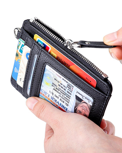 Teskyer Slim Card Holder Wallet with Zip Pocket, RFID Blocking, Total 9 Compartments Large Capacity, 3.5" x 4.7" (Slight Larger Than Usual), Faux Leather - Black