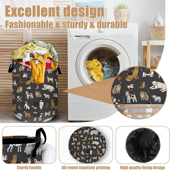 Cute Dogs Laundry Basket, Foldable Dog Lover Laundry Hamper Tote Bag Dirty
