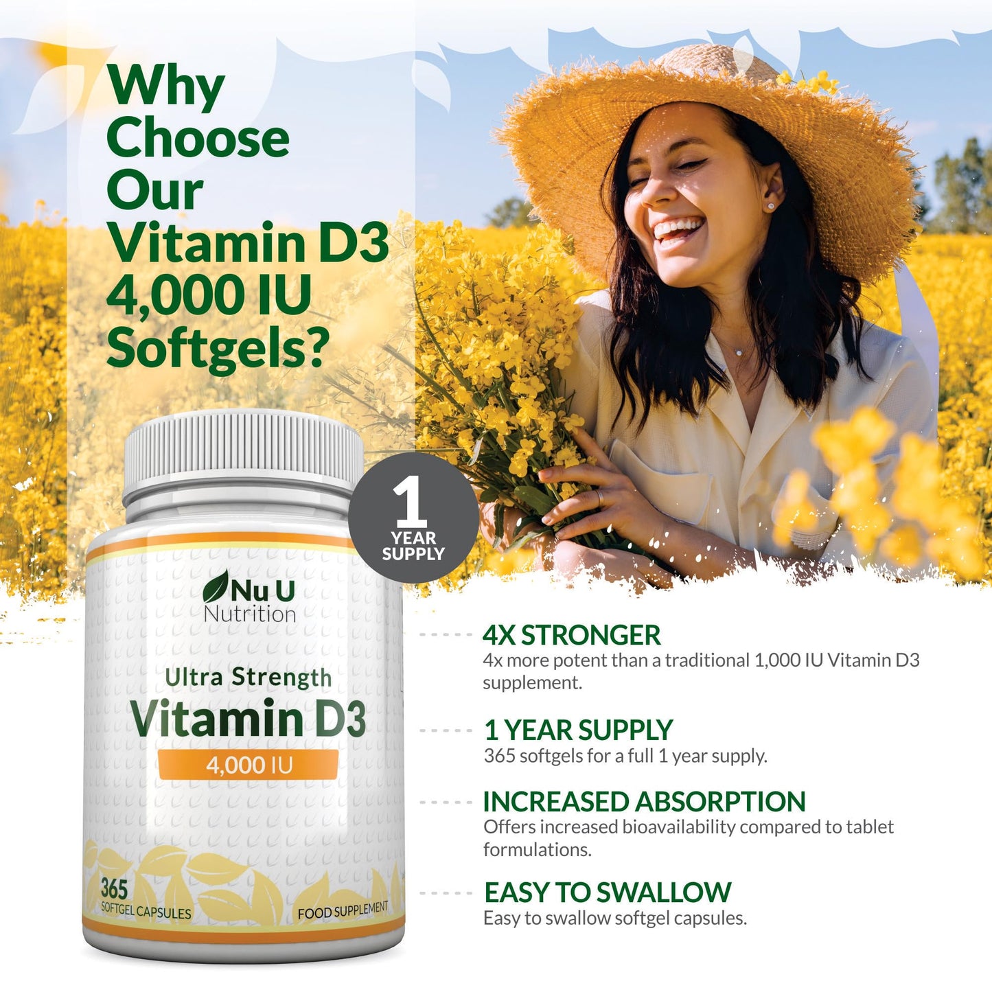 Nu U Nutrition - Vitamin D 4000 IU - 365 Softgel Capsules not Tablets - 1 Year Supply - Quadruple Strength -Easy to Swallow - Vitamin D3 Supplement - Made in The UK
