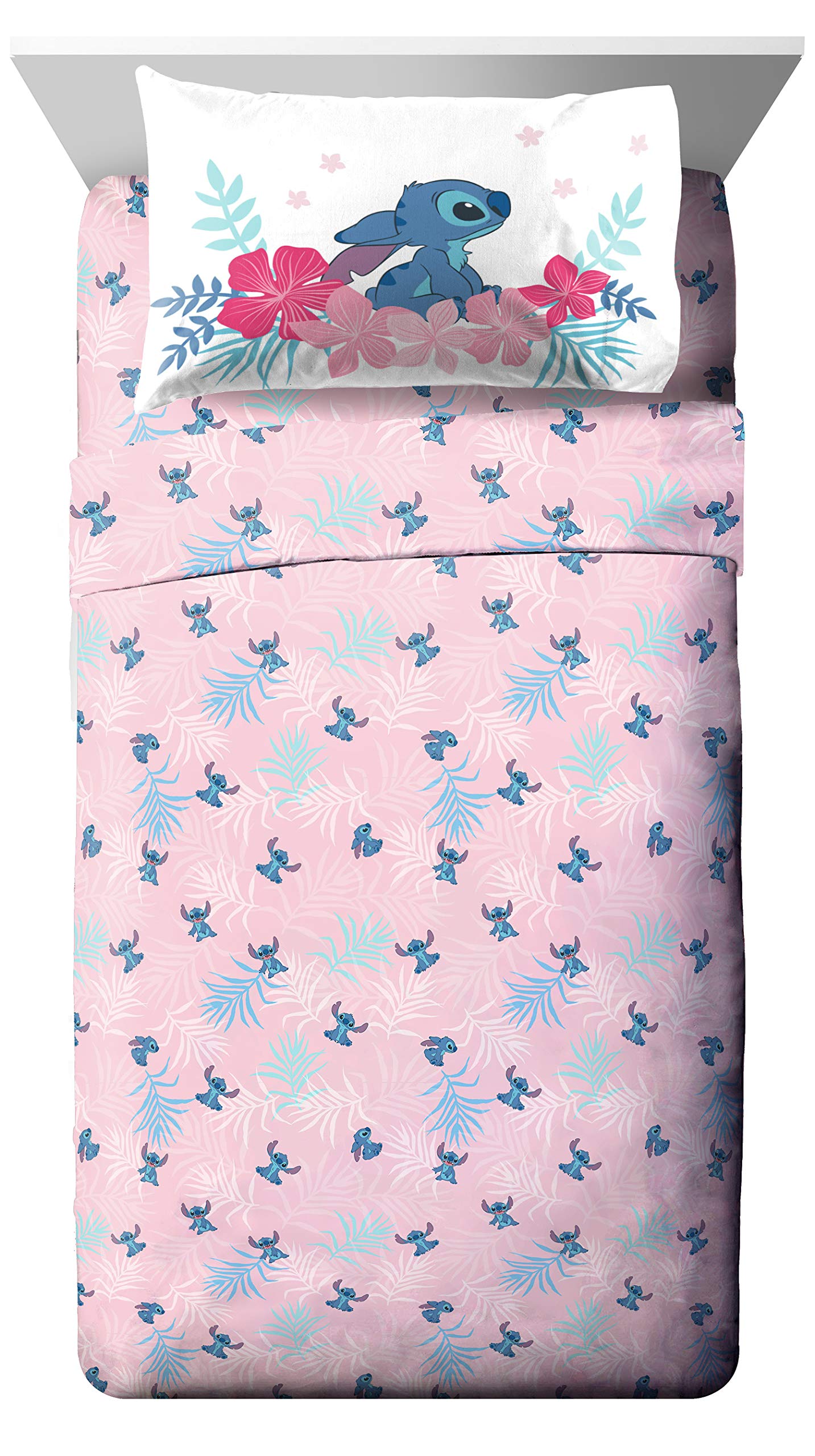 Jay Franco Kids Sheet Set with Fitted, Flat Sheets & Pillow Cover - Ultra-Soft Bedding with Pillowcase for Room Decor, Pink - Lilo & Stitch, 3 Piece Twin