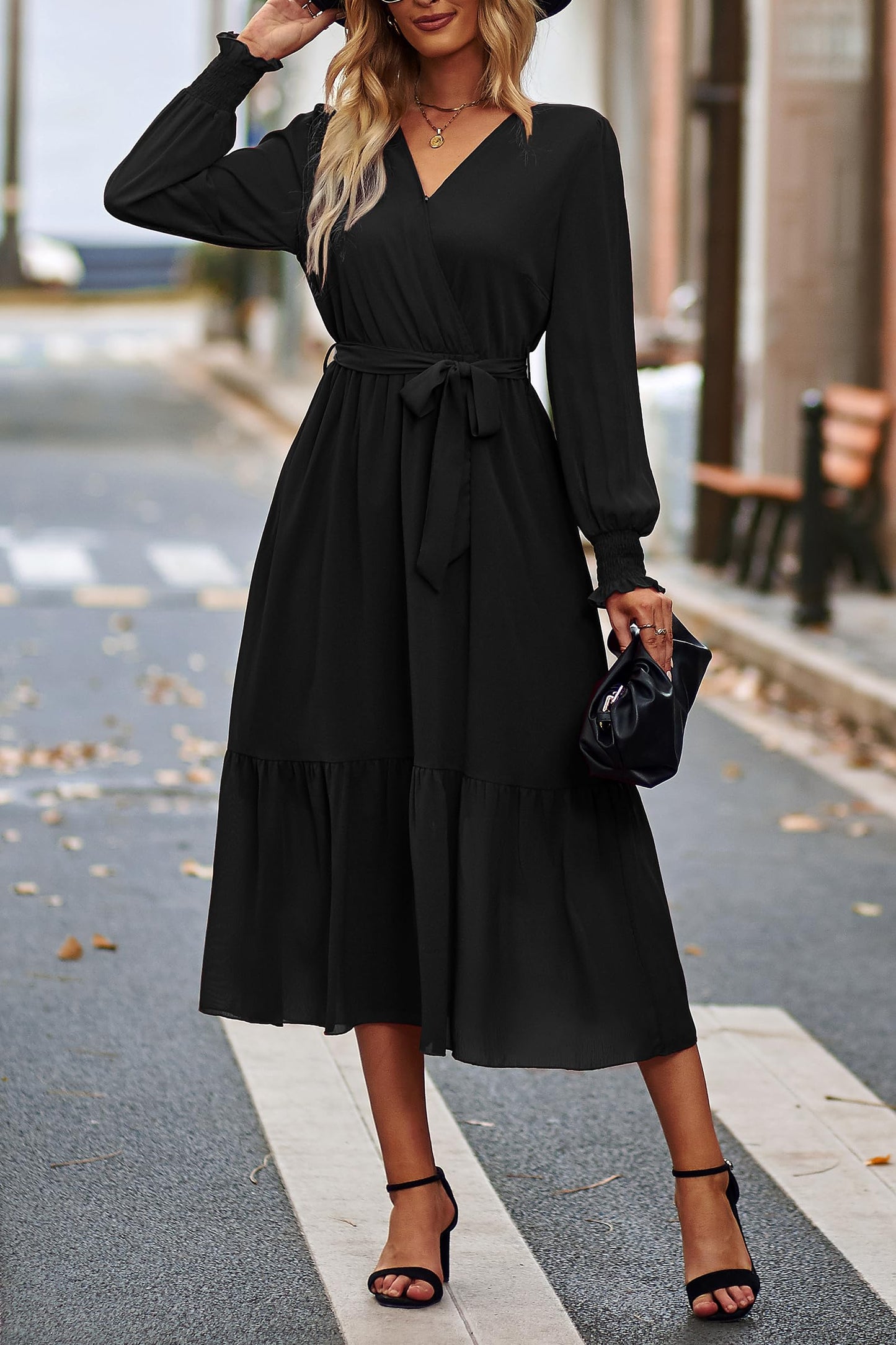PRETTYGARDEN Women's Floral Boho Dress Fall Long Sleeve Wrap V Neck Ruffle Flowy Maxi Spring Wedding Guest Vacation Dresses (Solid Black,Medium)