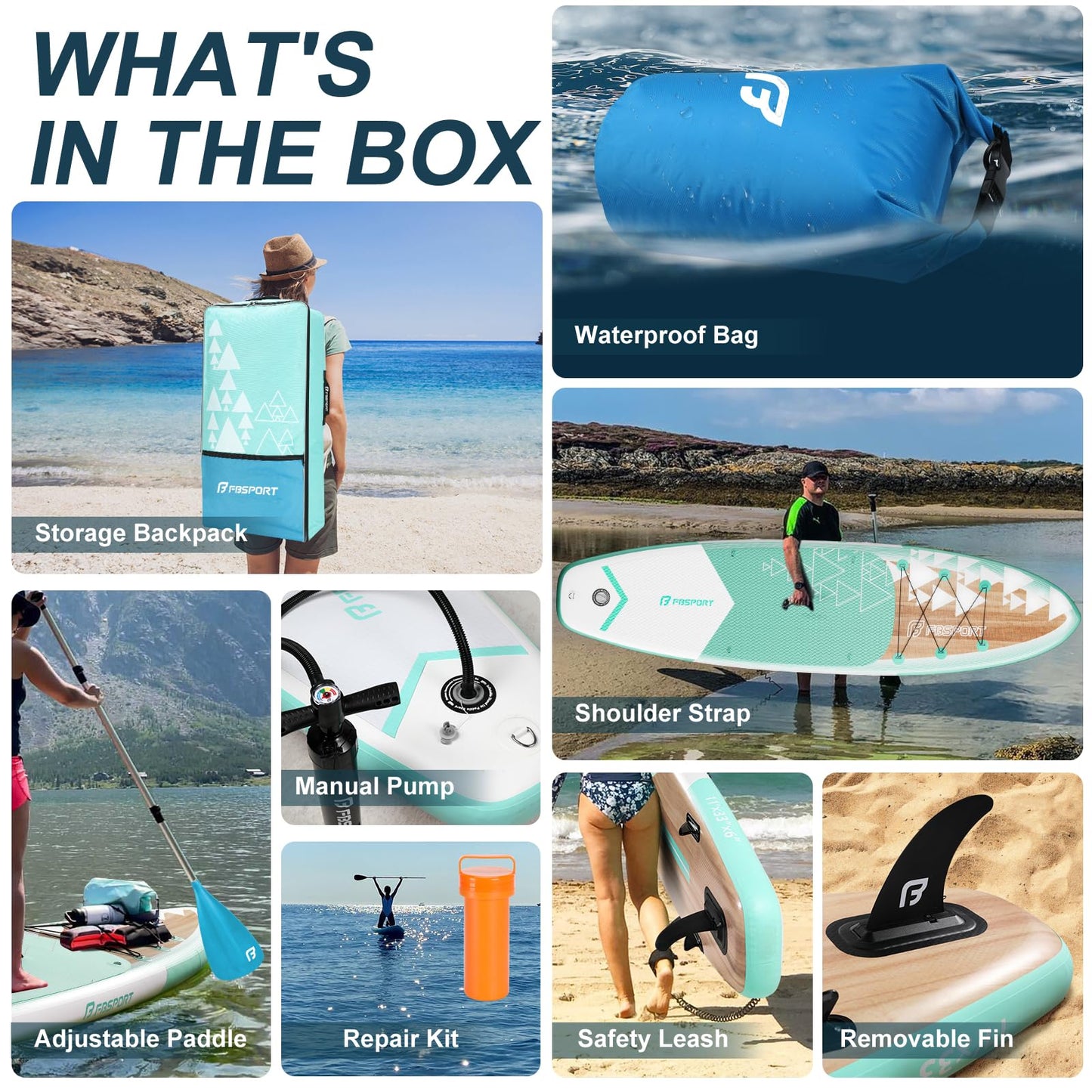 FBSPORT 11' Premium Stand Up Paddle Board, Yoga Board with SUP Accessories & Carry Bag | Wide Stance, Surf Control, Non-Slip Deck, Leash, Paddle and Pump for Youth & Adult (Light Brown)
