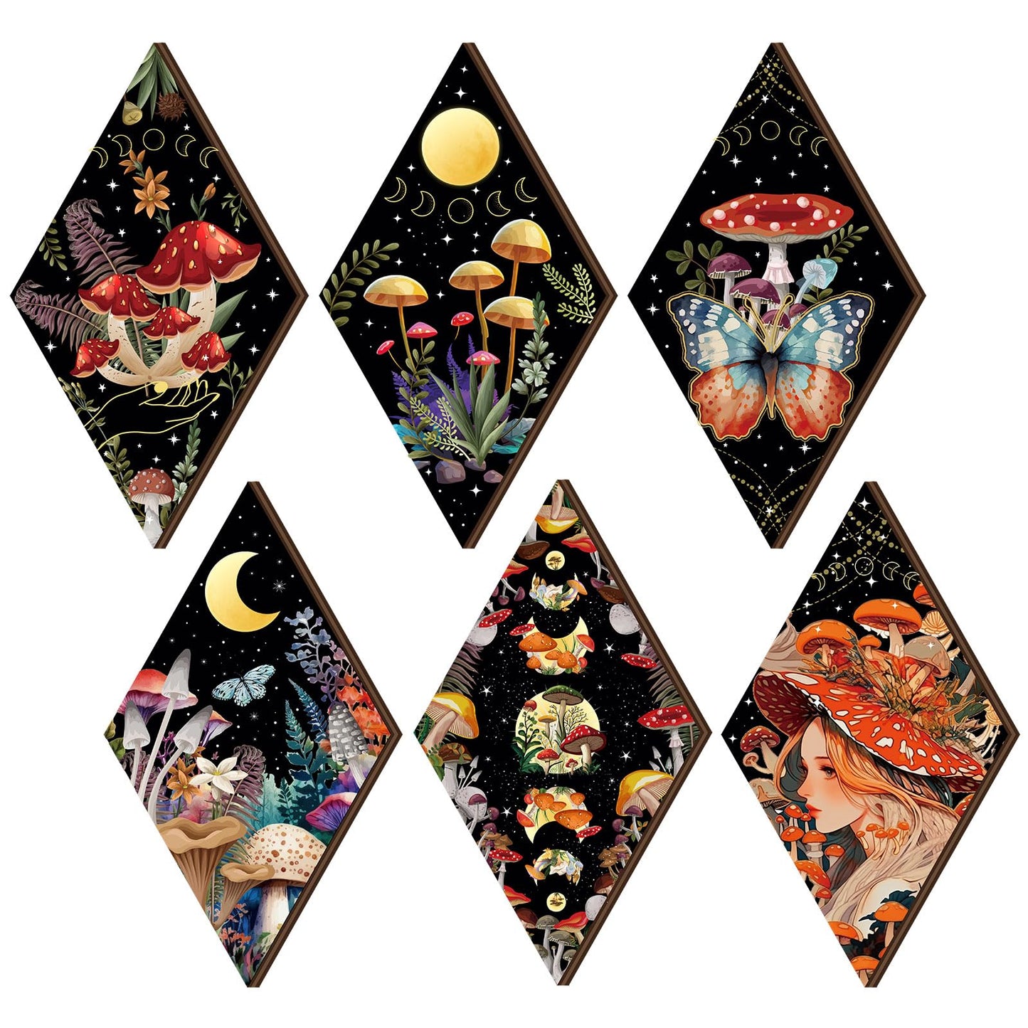 Qunclay 6 Pcs Witchy Gothic Wall Decor, Rustic Boho Moon Phase Sun Mushroom Star Hanging Wooden Ornament for Bedroom Living Room Gallery, Celestial Goth Home Decoration Farmhouse Pediments(Mushroom)