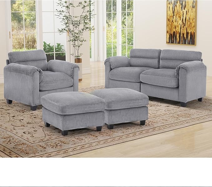 HAOMARKETS Corduroy 4-Piece Sofa Set, Upholstered Ottoman Set of 2, Accent