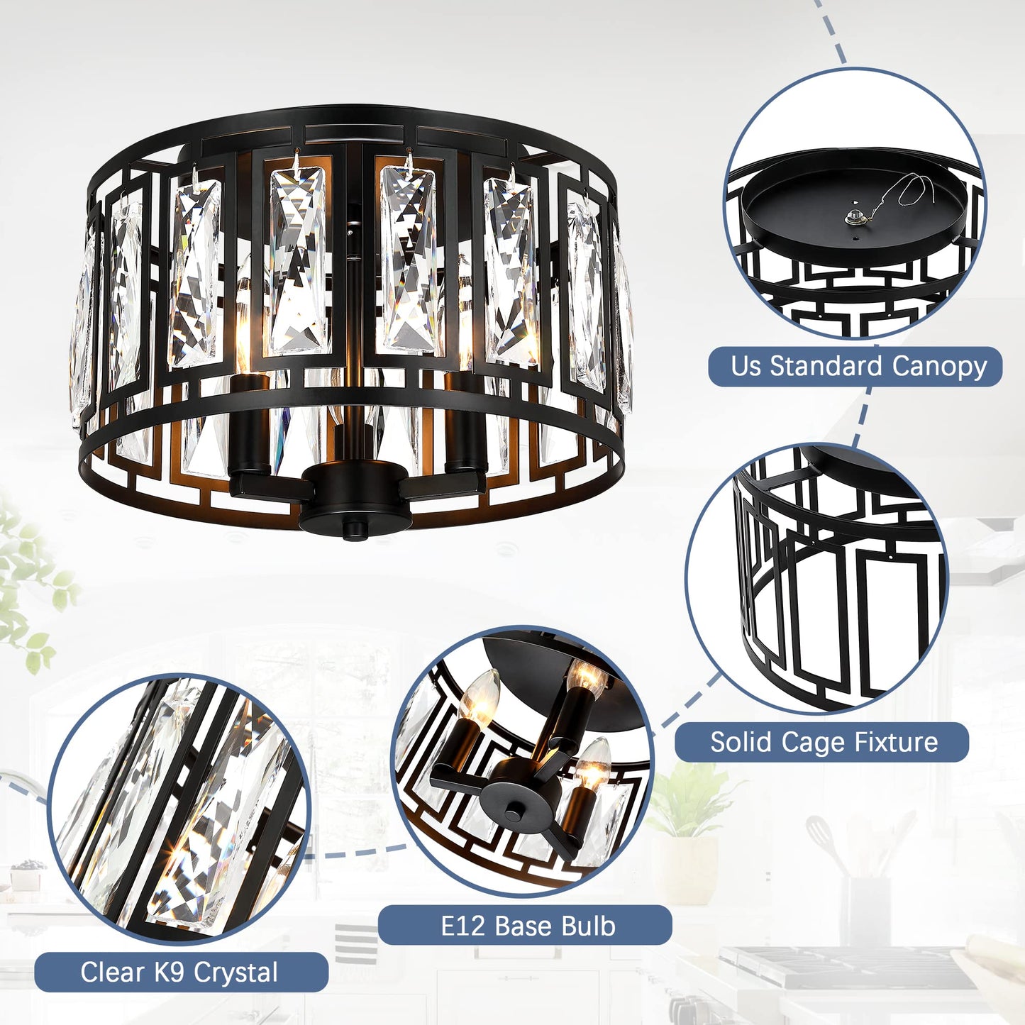 Giiland Crystal Ceiling Light Flush Mount for Bedroom, Kitchen Island Crystal Drum Shade Lighting Fixture, 3-Light Black Ceiling Lamp for Dining Room