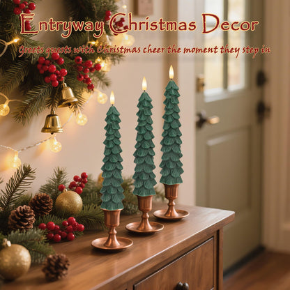JOIONE Christmas Tree Flameless Taper Candles with Remote 3 Packs, Battery Operated Real Wax LED Candlesticks with 3D Flickering Flame, Perfect for Holiday, Christmas and Home Decor, Green