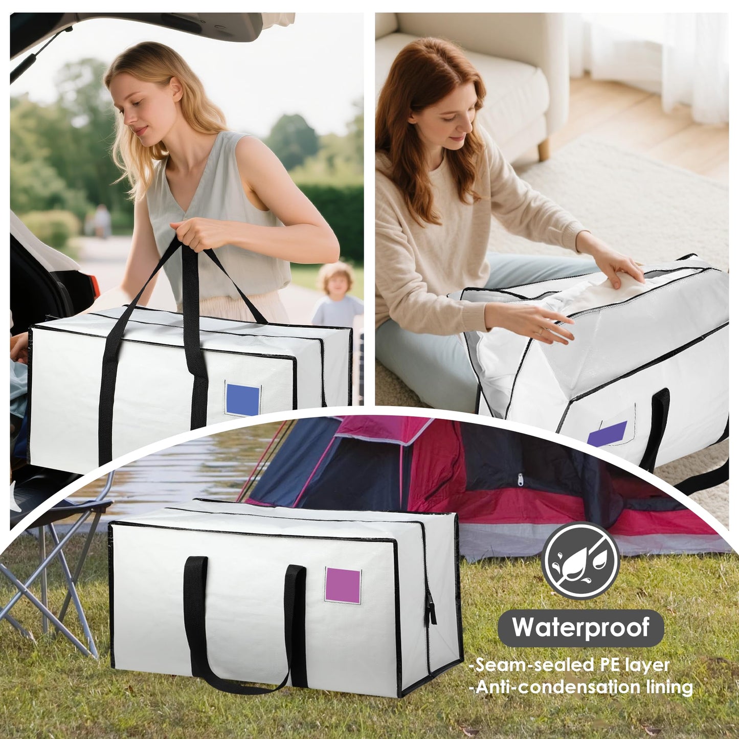 RMOHRO 6 Pack Moving Bags Heavy Duty 210GSM with Full-Open Side Zipper, 93L 65lbs Waterproof Foldable Storage Totes for College Dorm Move-In, Moving Boxes Alternative & Home Organization,White