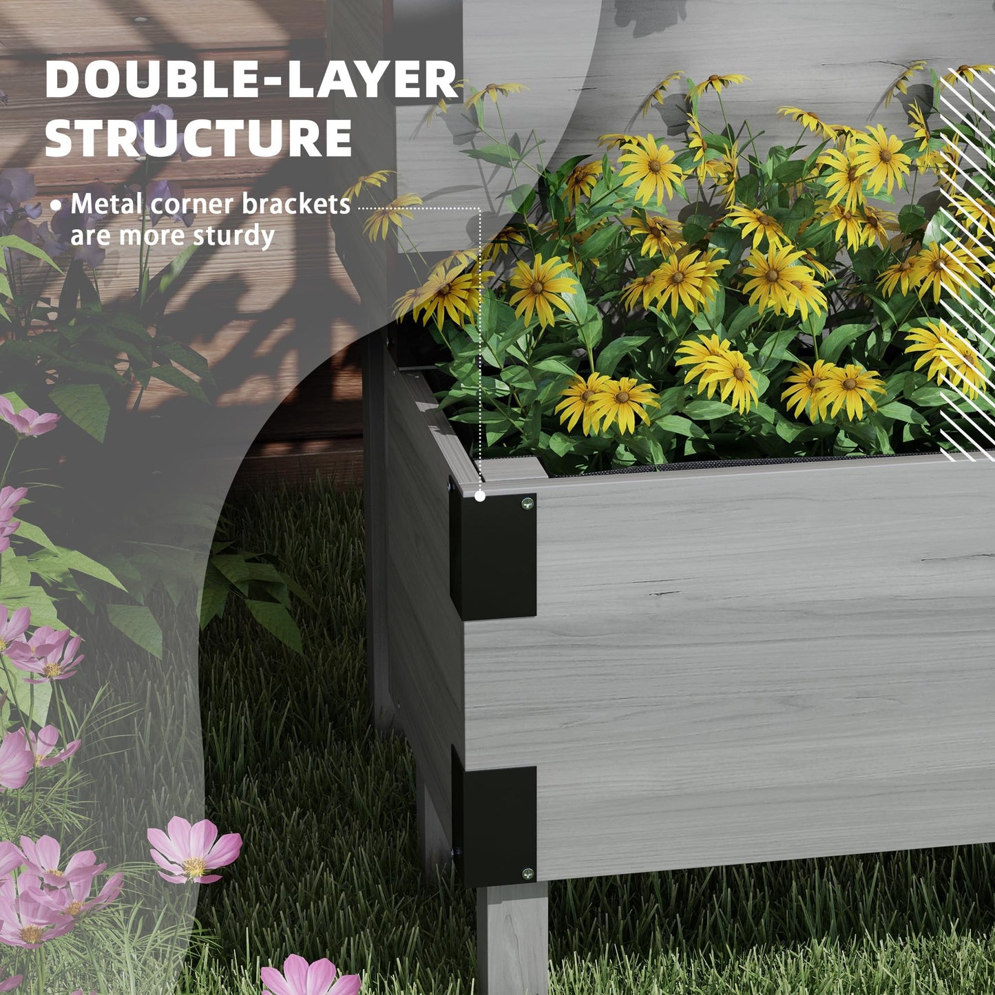 Outsunny 2-Tier Raised Garden Bed with Trellis, Wooden Elevated Planter Box with Drainage Holes, Liners, Metal Corners, Trellis Planter for Climbing Plants, Flowers, Herbs, 42.5" x 25.5" x 55", Gray