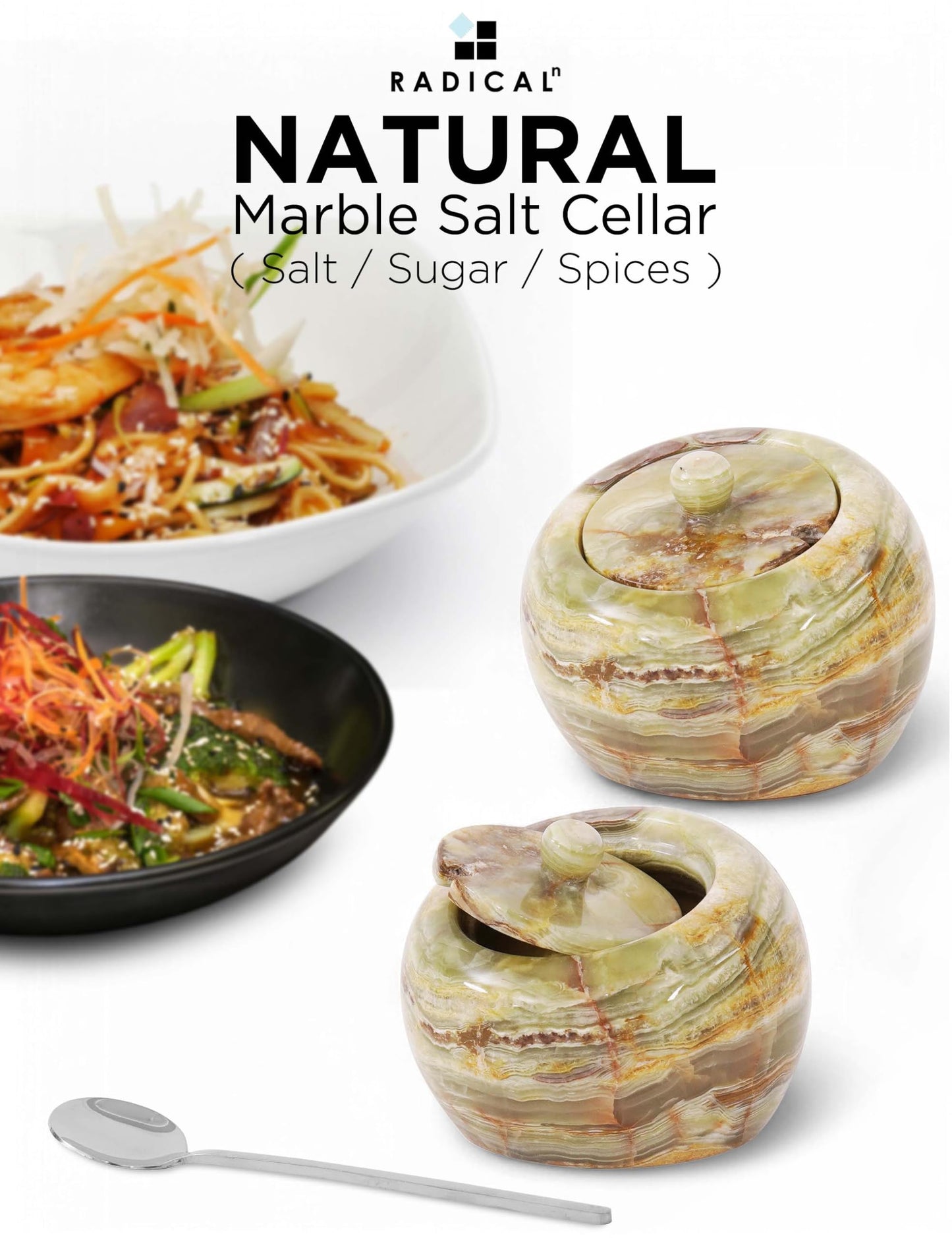 Radicaln Marble Salt Cellar with Lid 4" Inch Green Onyx Salt Jar & Table Salt Storage For Kitchen Countertop, Ideal Salt Container, Salt Dish & Sugar Bowl For Table