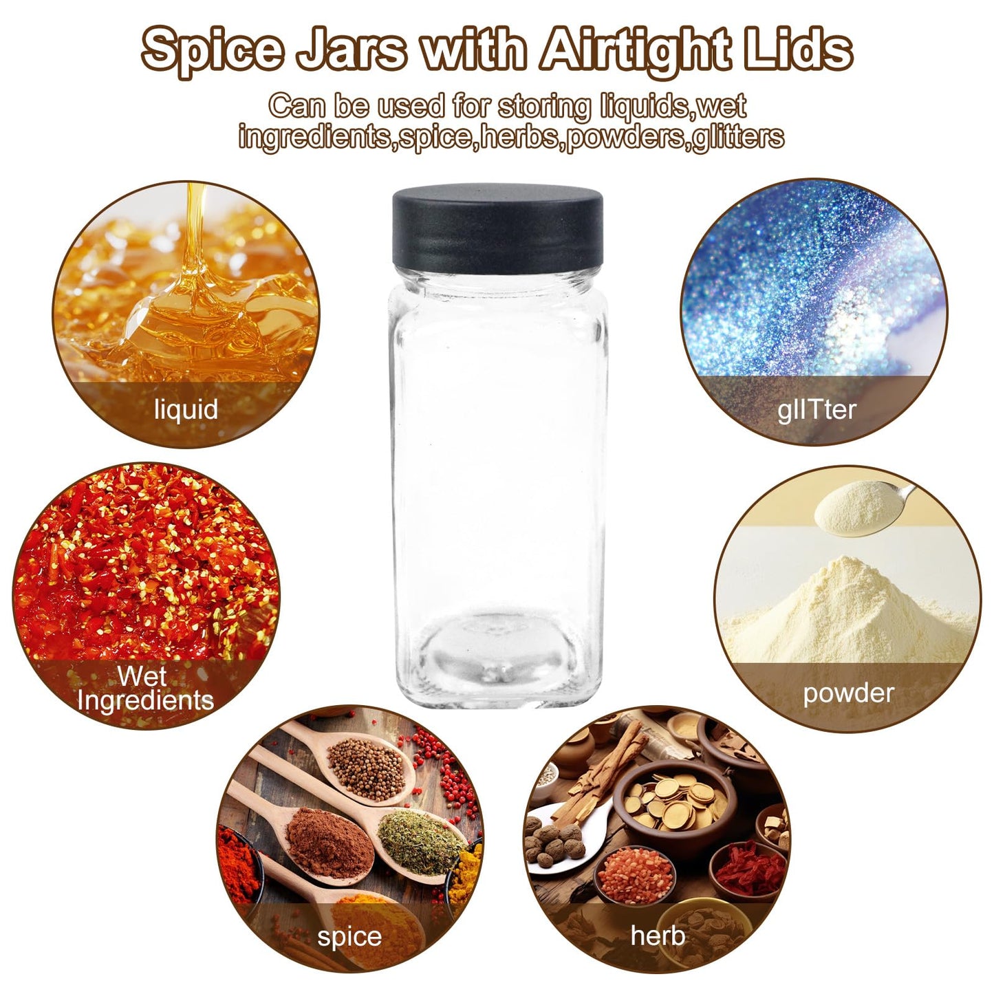24Pcs Spice Jars Containers with Labels，4oz Black Seasoning Bottles with Shaker Lids for Rack, Cabinet, Drawer,Empty Square Condiment Pots (24, Black)