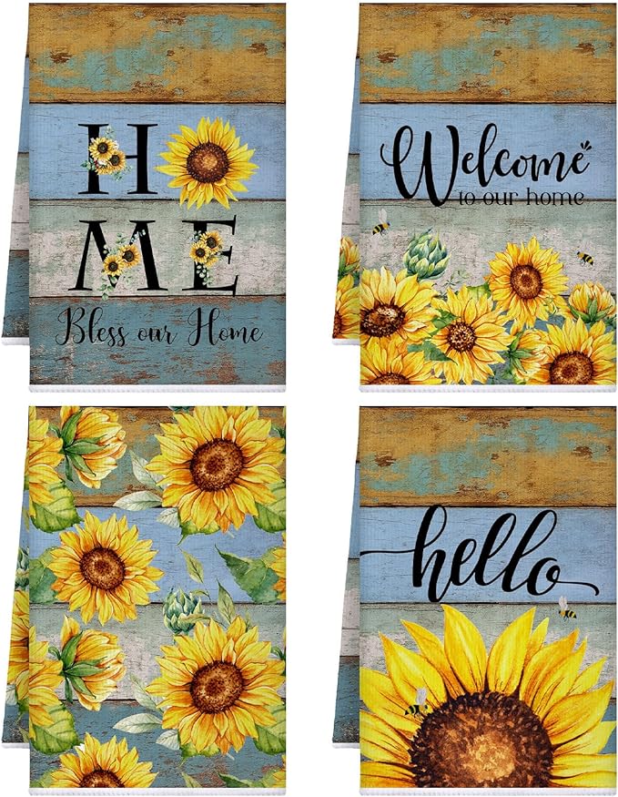 Bencailor 4 Pcs Sunflower Kitchen Towels Farmhouse Wood Grain Hand Dish Towels