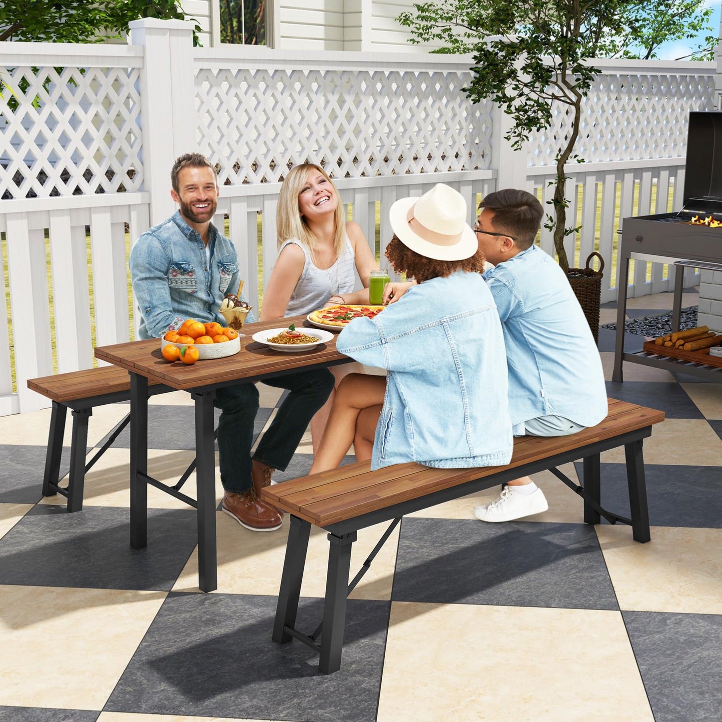 Tangkula Outdoor Dining Table With Benches for 4-6 Persons, No Assembly Foldable 59 Inches Narrow Patio Dining Table with Acacia Wood Top & Heavy Duty Metal Frame, for Yard, Garden, Poolside or Indoor
