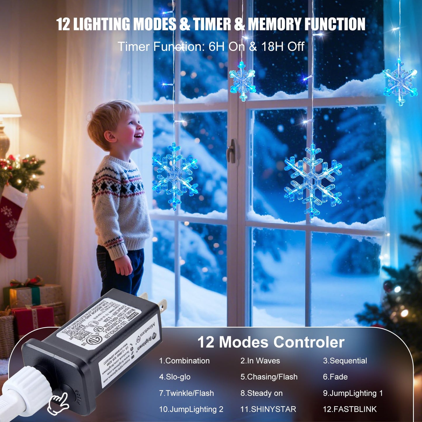 Minetom Christmas Snowflake Lights - 13ft 192LED Snowflake Icicle Lights with 16 Drops, 12 Modes and Timer, IP65 Waterproof Connectable Christmas Light for House Eave Window Indoor Outdoor Decoration
