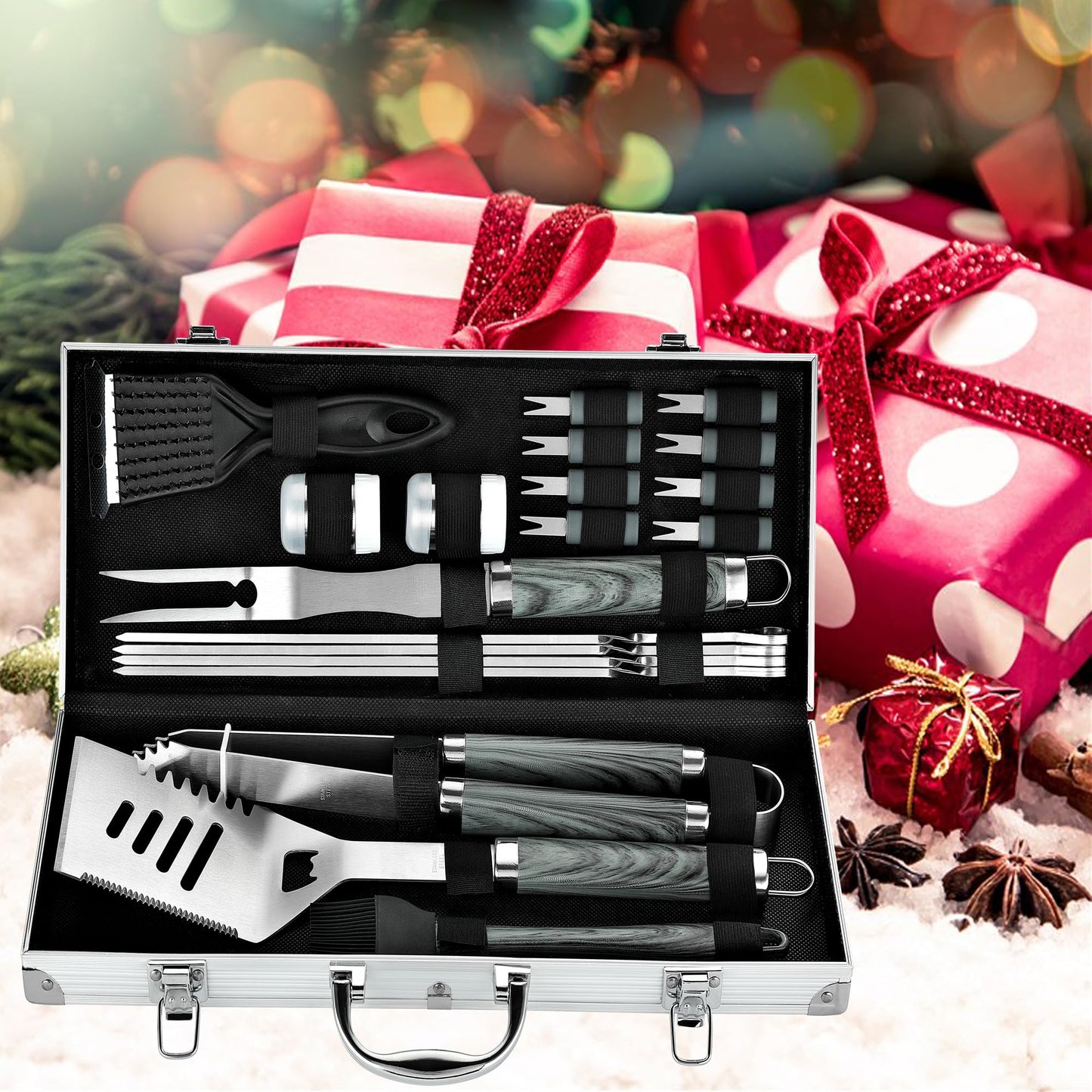 ROMANTICIST 20pc Heavy Duty BBQ Grill Tool Set in Case - The Very Best Grill Gift for Father's Day and Christmas - Professional BBQ Accessories Set for Outdoor Cooking Camping Grilling Smoking, Grey