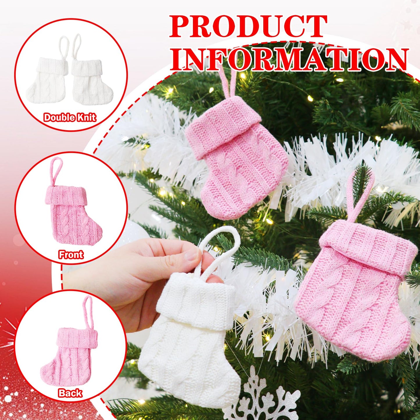 FSAIUIS 12Pcs Mini Knitted Christmas Stockings,Small White and Pink Knit Hanging Stocking for Fireplace Family Home Party Decorations