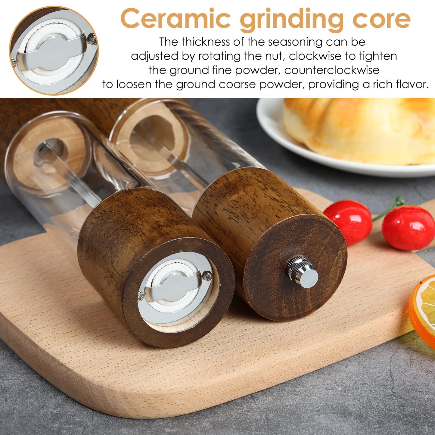 2 Pack Wooden Salt and Pepper Grinder Set,8 Inch Manual Acrylic Salt and Pepper Mills with Adjustable Ceramic Grinder Core,Rustic Wood Finish Spice Grinder Set for Kitchen Dining Table BBQ