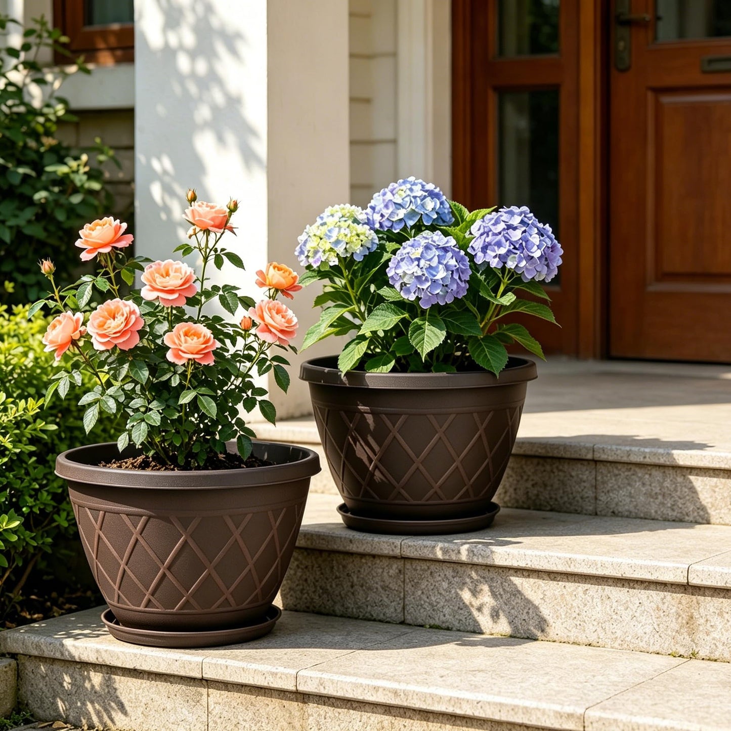 6 Pack 8 Inch Plant Pots, Planters with Drainage Holes & Saucers, Modern Imitation Diamond Pattern Design Plastic Flower Pots for Indoor & Outdoor Plants, Succulents, Flowers, and Herbs (Brown)