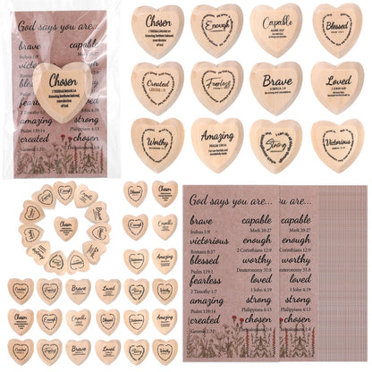 48 Set God Says You are Wood Heart Small Christian Gifts Bulk Religious Gifts Pocket Heart Token with Bible Verse Word Holy Week Affirmation Church Gift for Adults Sunday School Easter Supplies