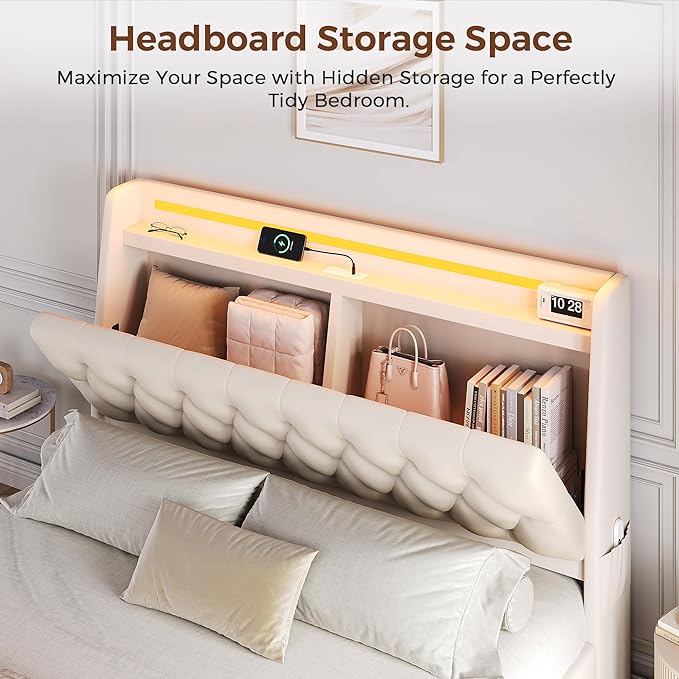 Full LED Velvet Bed Frame with 2 Storage Drawers&Hidden Headboard, Upholstered
