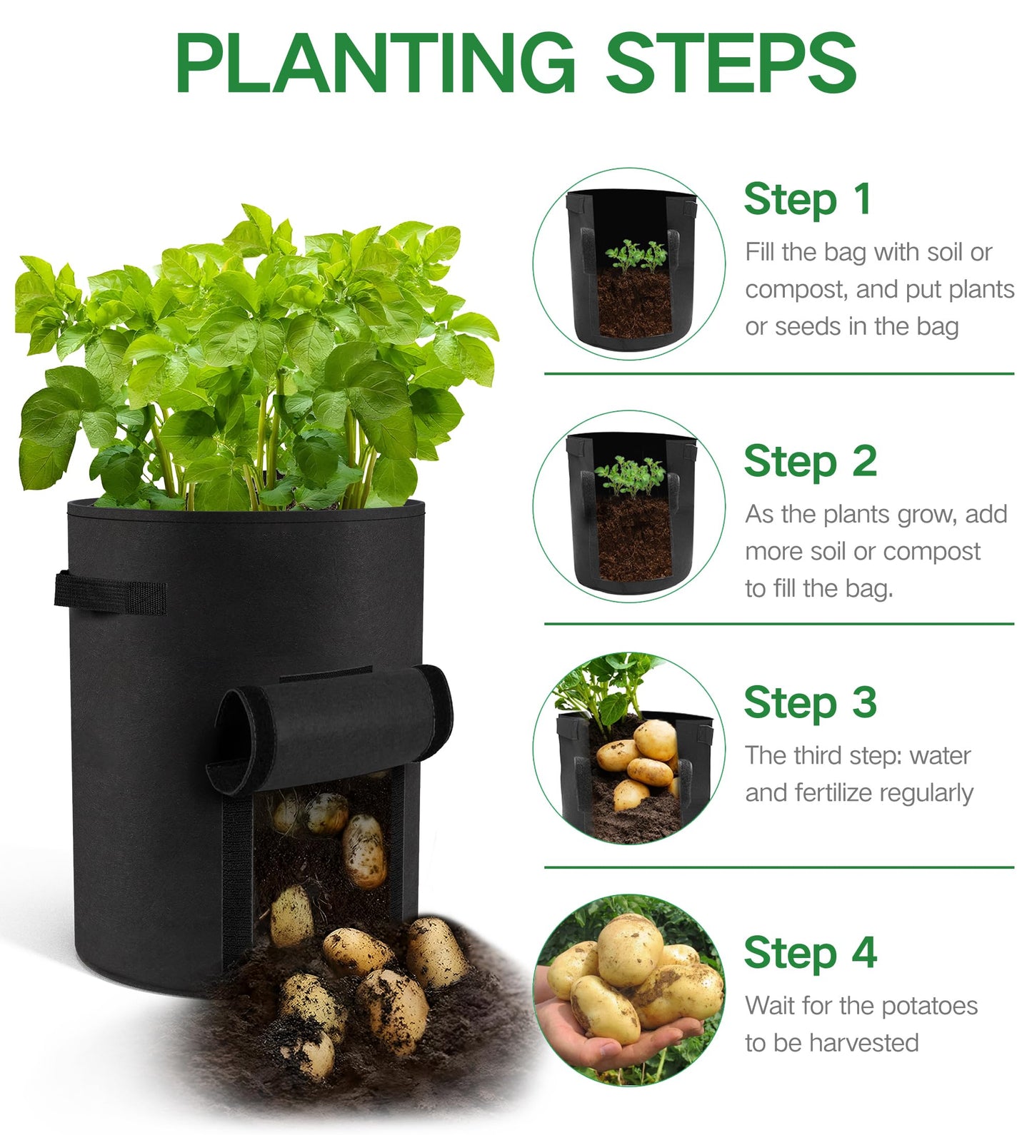 Moyios 6-Pack 15 Gallon Potato Grow Bags – Durable Nonwoven Fabric Planters with Reinforced Handles | Reusable Garden Containers for Potatoes, Vegetables (Black, 15 Gallons/6 Pack)