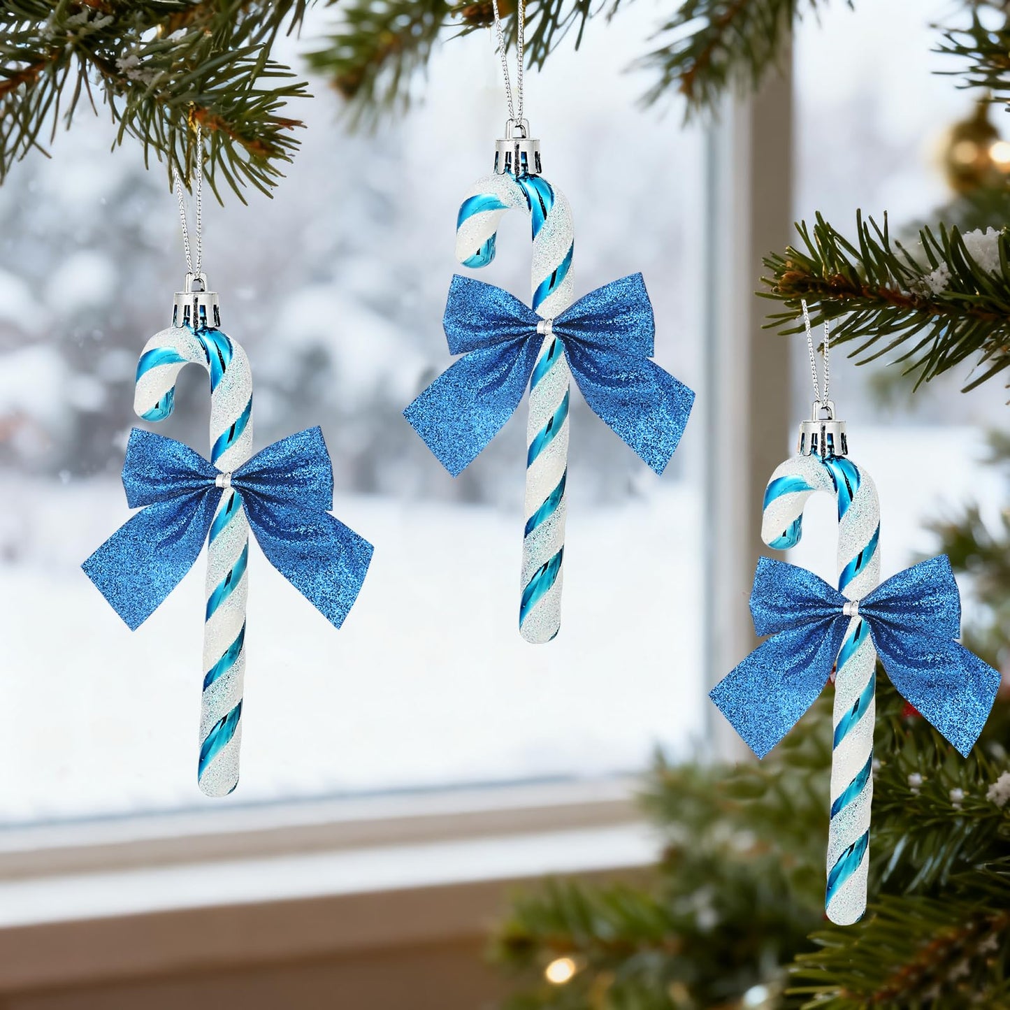 FYFLED Candy Cane Christmas Tree Decorations - 12 Pcs Candy Cane Ornaments for Tree, Glitter Candy Cane Bows for Xmas Tree Hanging Ornament Festival Party Home Decor, Blue