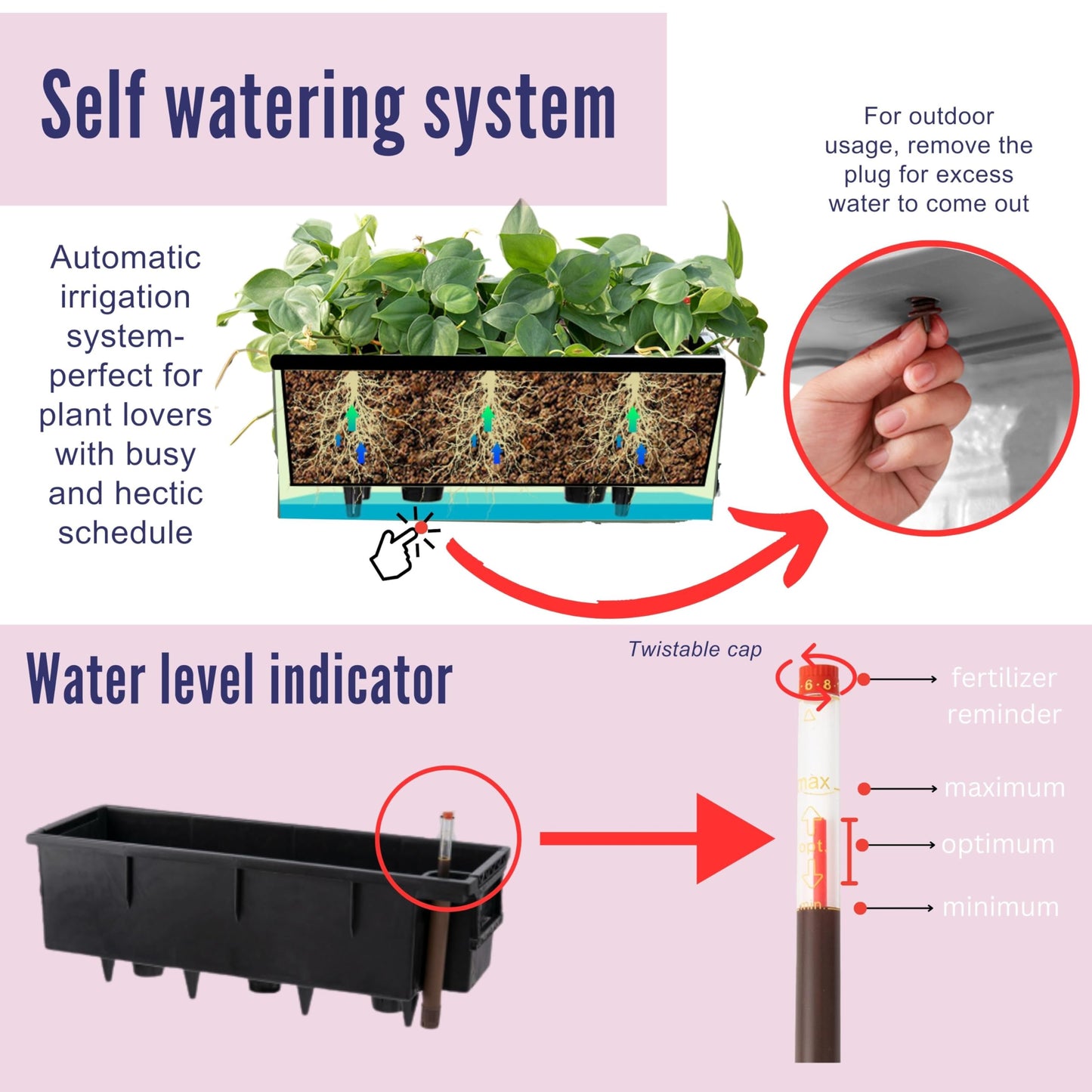 LaLaGreen Wall Planters for Outdoor (2 Pack, 14 Inch) Black Self Watering System Hanging Plant Box Flower Pot, Rectangular Wall Mount Indoor Vertical Living Garden Decoration Window Sill Herb Trendy
