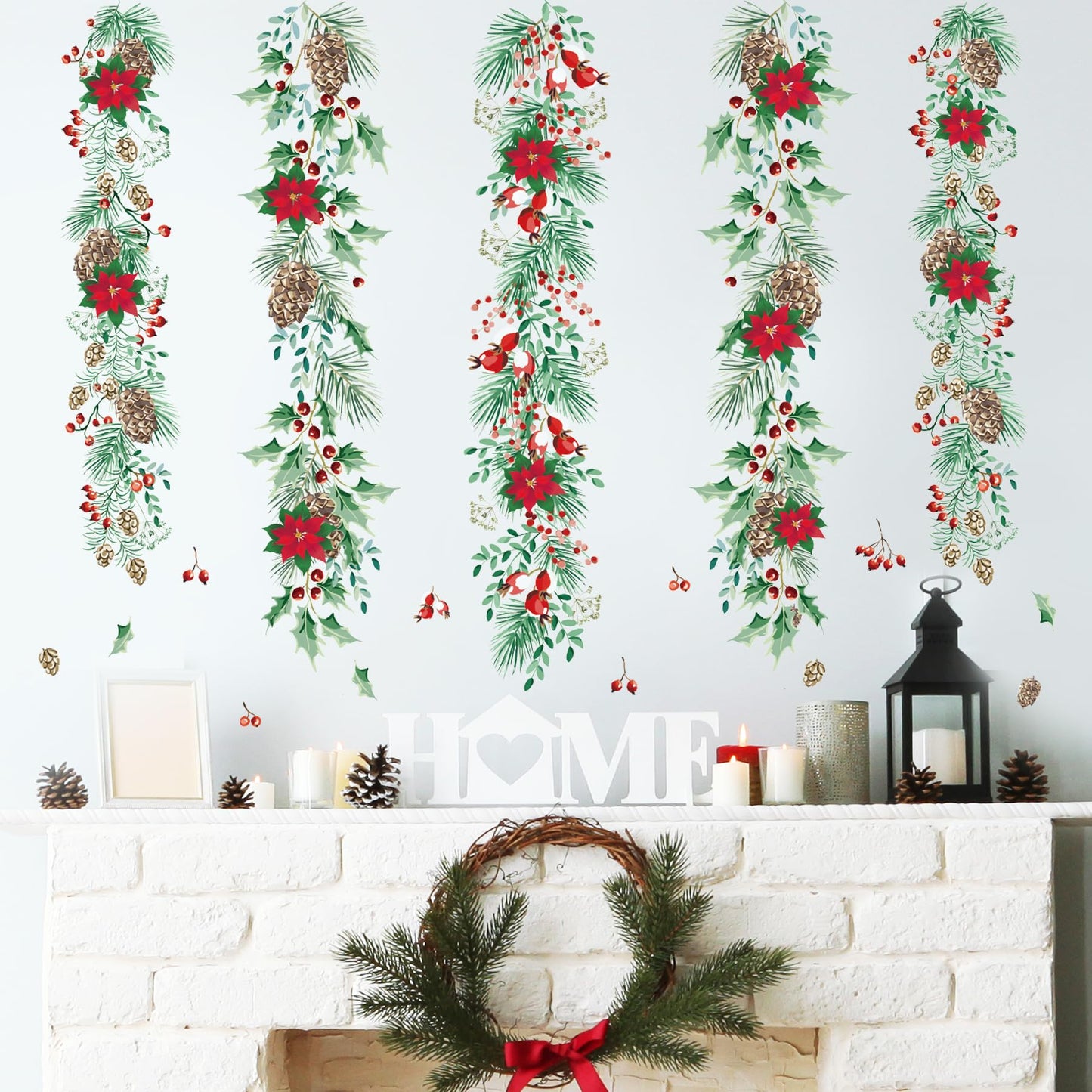 Christmas Garlands Wall Stickers Christmas Pine Cones Red Berry Vine Wall Decals Hanging Poinsettia Green Leaves Flower Window Decals for Xmas Winter Party Home Office Classroom Festival Decoration