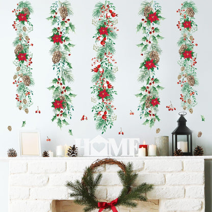 Christmas Garlands Wall Stickers Christmas Pine Cones Red Berry Vine Wall Decals Hanging Poinsettia Green Leaves Flower Window Decals for Xmas Winter Party Home Office Classroom Festival Decoration