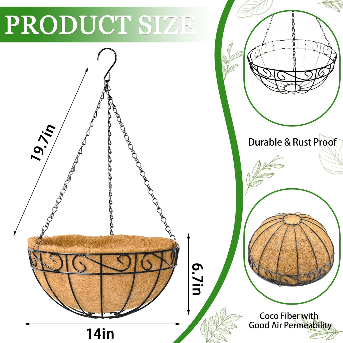Hanging Planters for Outdoor Plants 4 Pack 14 inch Metal Hanging Flower Basket with Coco Coir Liner Wire Plant Holder Watering Flower Baskets Pot Hanger Garden Decoration for Indoor Outdoor(HBL)