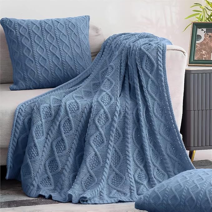 Homiest Dusty Blue Cable Knit Throw, 60 x 80 Inch, Lightweight Acrylic Knitted