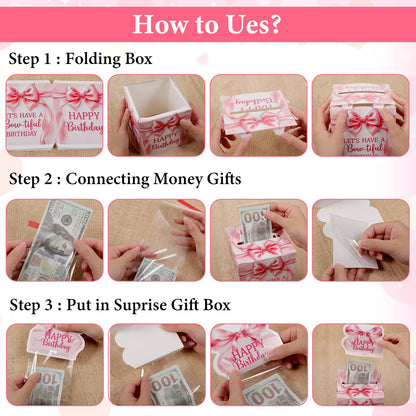 Ajcotahm Birthday Money Pull Box, Pink Bow Birthday Money Gift Box for Cash Birthday Surprise Boxes with 50 Transparent Bags Birthday Party Decorations for Women Girls