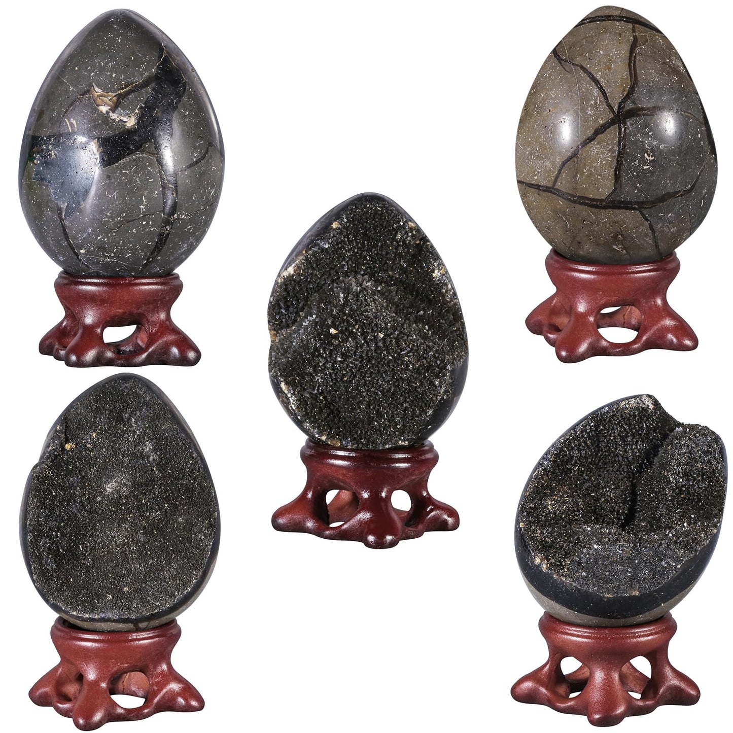 Nupuyai 2.0''-2.8'' Natural Black Septarian Dragon Geode Egg with Resin Stand, Reiki Healing Septarium Dragon Stone Egg Display, Crystal Quartz Drusy Specimen for Home Office Decoration