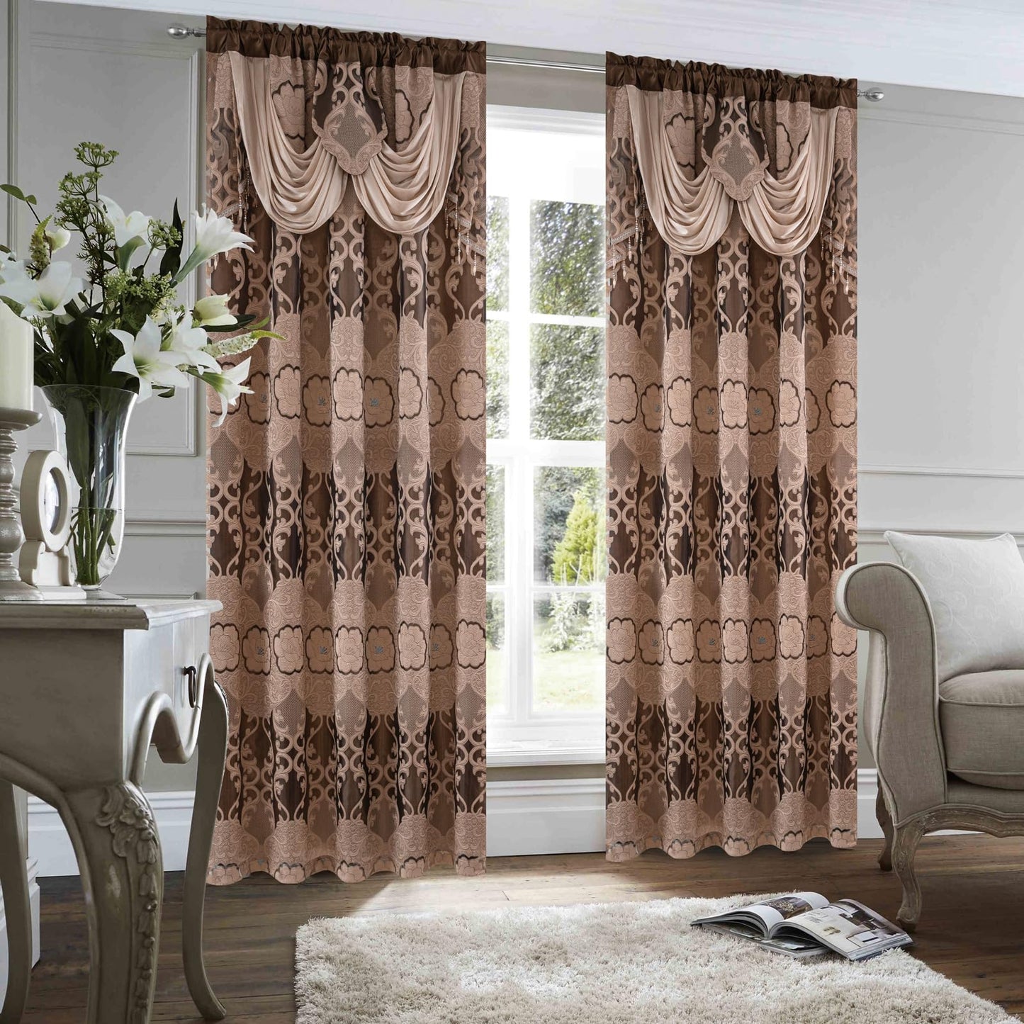 Petrichor Taupe Sheer Jacquard Voile Curtains （54" W x 63" L）, 2 Panels with Attached Valance, Double Layer Floral Cutwork Design with Luxurious Texture, Rod Pocket, for Bedroom & Living Room