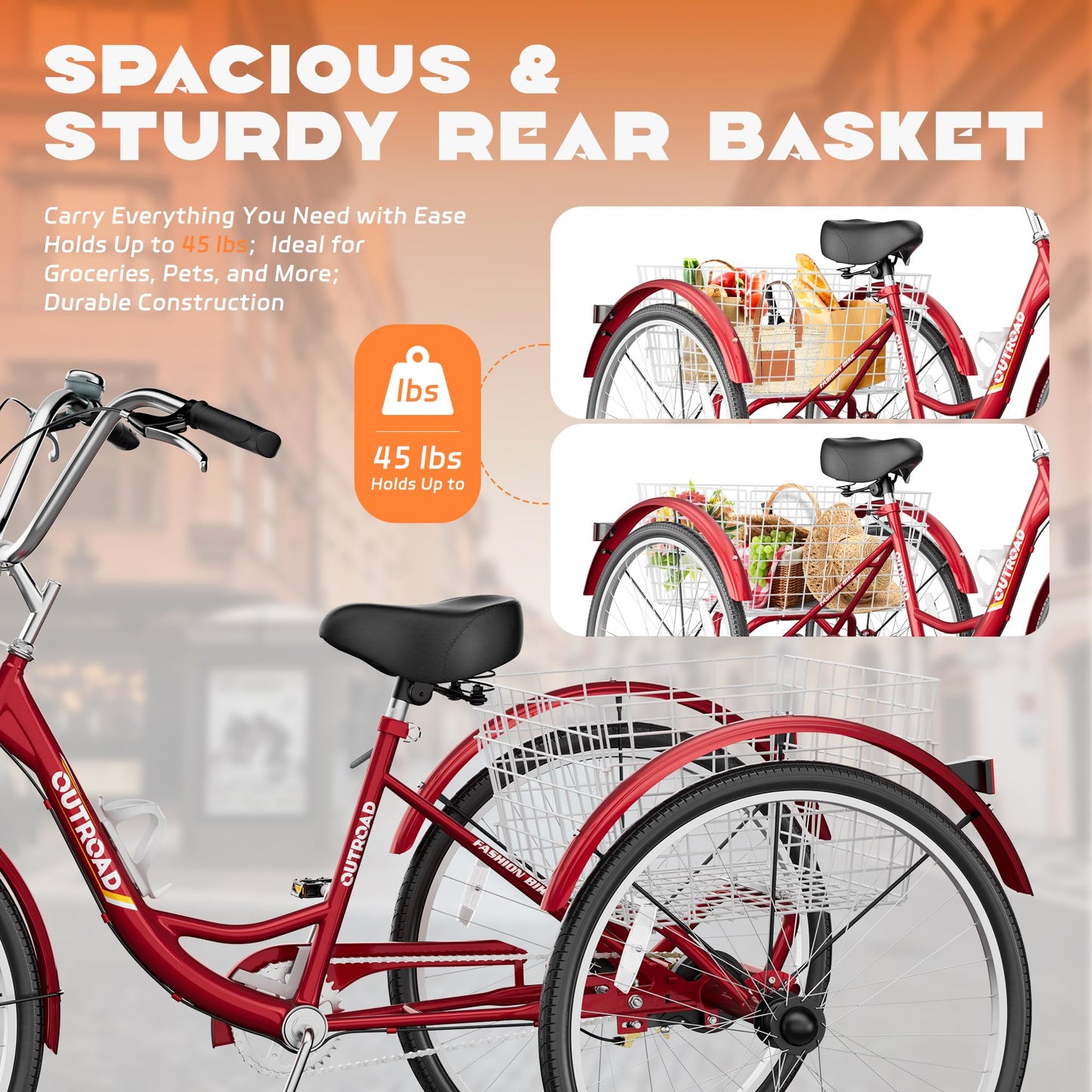 Max4out Adult Tricycle with Large Basket 24/26 Inch, Stable 3 Wheel Cruise Bicycle for Shopping, Beach and City Trike Perfect for Men, Women, Seniors（24 Red）