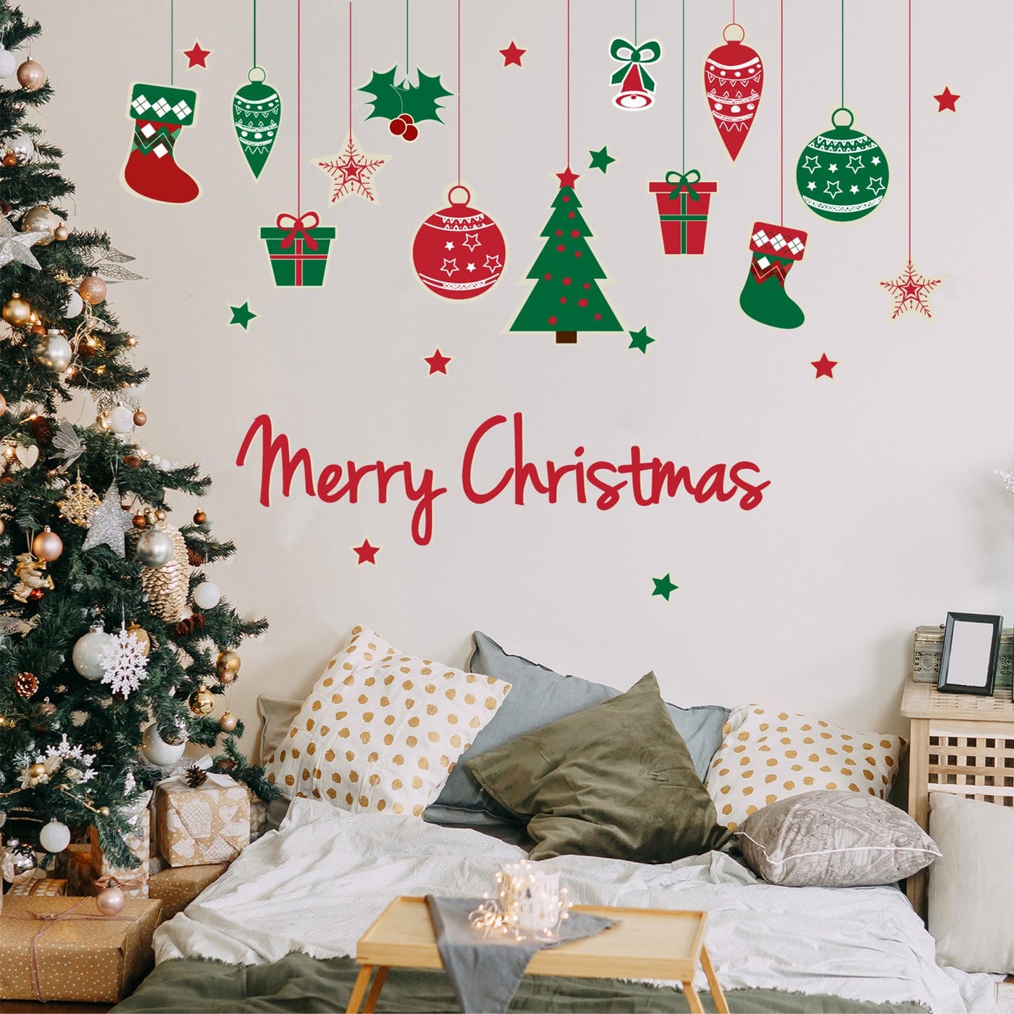 Merry Christmas Wall Decals Xmas Tree Snowflake Gift Wall Stickers Peel and Stick Removable Art Mural for Kids Gift Bedroom Living Room Door Window Decor Supplies