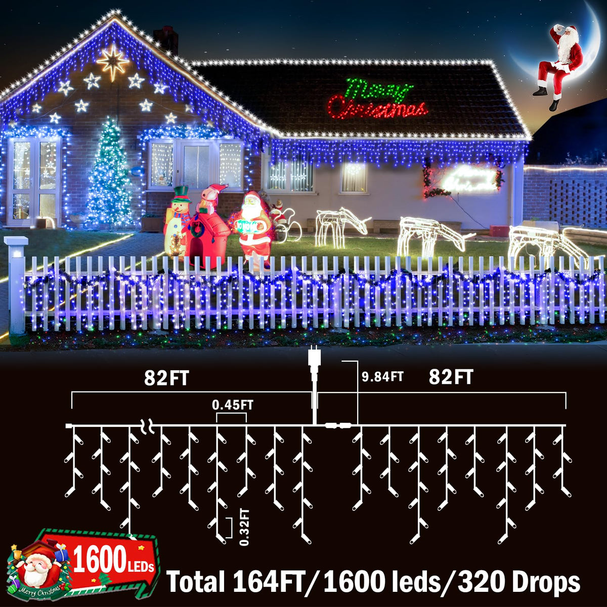 KNONEW 164FT 1600 LED Christmas Lights Outdoor Decoration Blue Timer 8Modes Hanging Fairy String Lights with 320 Drops, Plug in Waterproof Indoor Decor for Holiday Wedding Party Window Garden