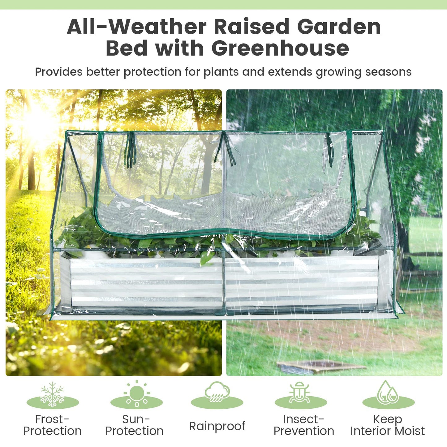 Giantex Galvanized Steel Raised Garden Bed with Mini Greenhouse, Outdoor Metal Planter Box Kit with Large Roll-up PVC Cover, 71"x 35.5"x 36" Planter Raised Bed for Growing Flower Herb Vegetable Fruit