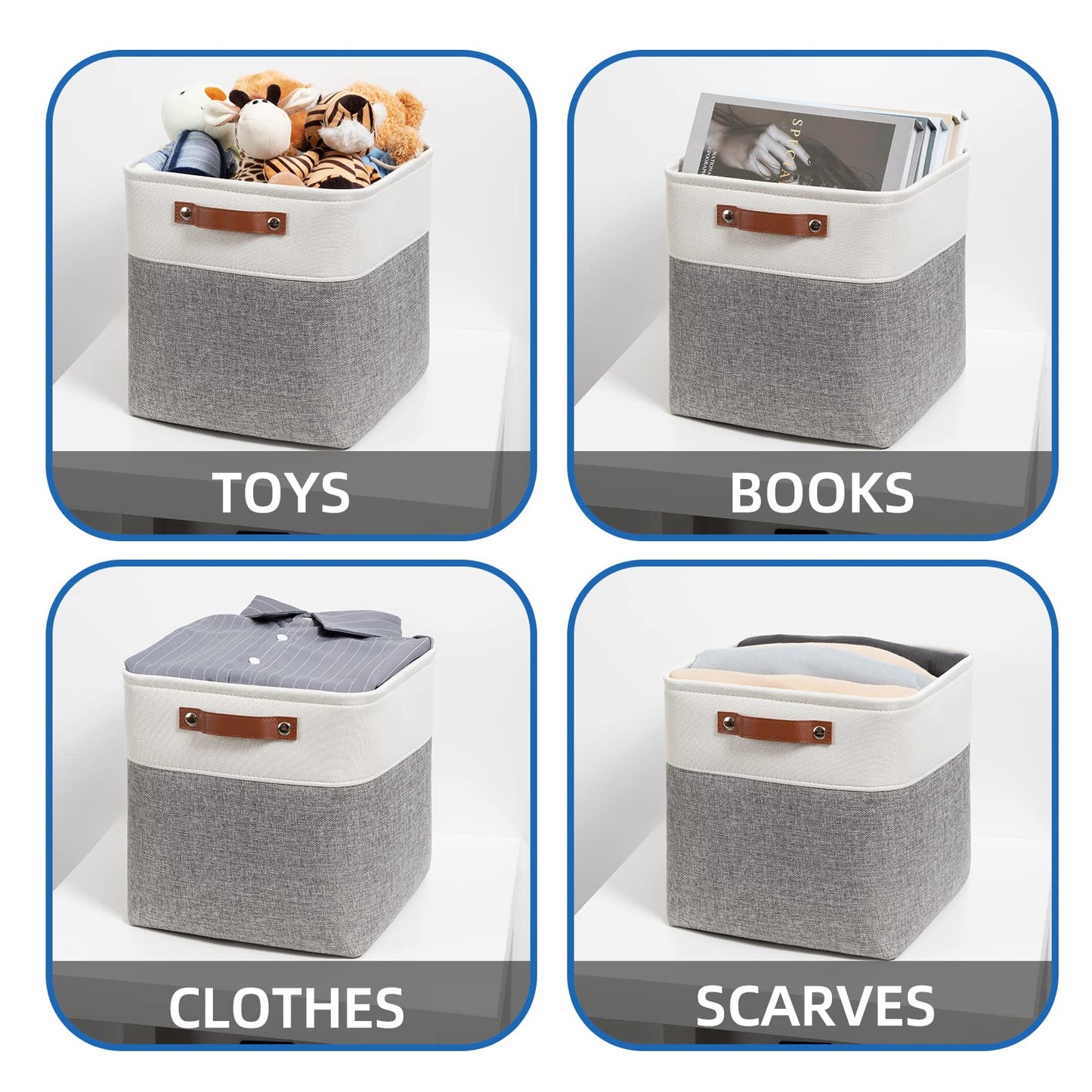 Temary 12 Inch Storage Baskets Foldable Fabric Storage Cubes 4PCs Storage Bins Organizer with Handles, Baskets for Organizing Clothes, Towels (White & Grey, 12 x 12 x 12)