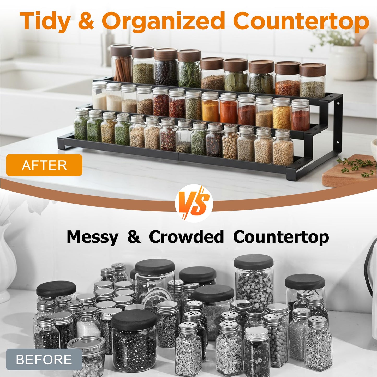 3-Tier Spice Rack Organizer for Kitchen Cabinet or Pantry, 16"-29" Expandable Spice Organization Shelf, Seasoning Organizer, Metal Display Shelf, Slip-Resistant Design for Jars and Bottles, Black