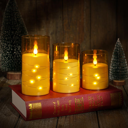Kiexung Flashing Flameless Candles with String Light, Battery Powered Candle, Recessed String LED Candles, Indestructible Plexiglass Candle with Remote Control, Set of 3, Amber