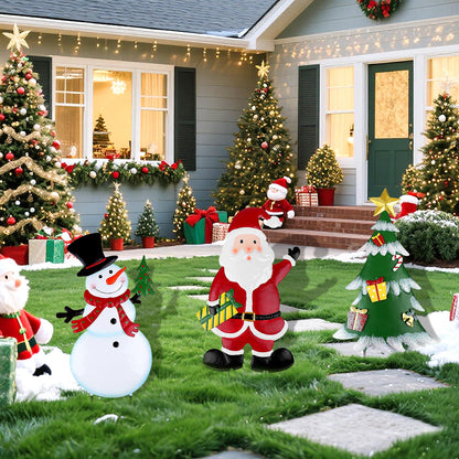 DETENE 3 Pcs Christmas Decorative Metal Stakes Outdoor Christmas Decor Metal Xmas Snowman Santa Claus Tree Yard Decorations for Garden Lawn Yard Signs