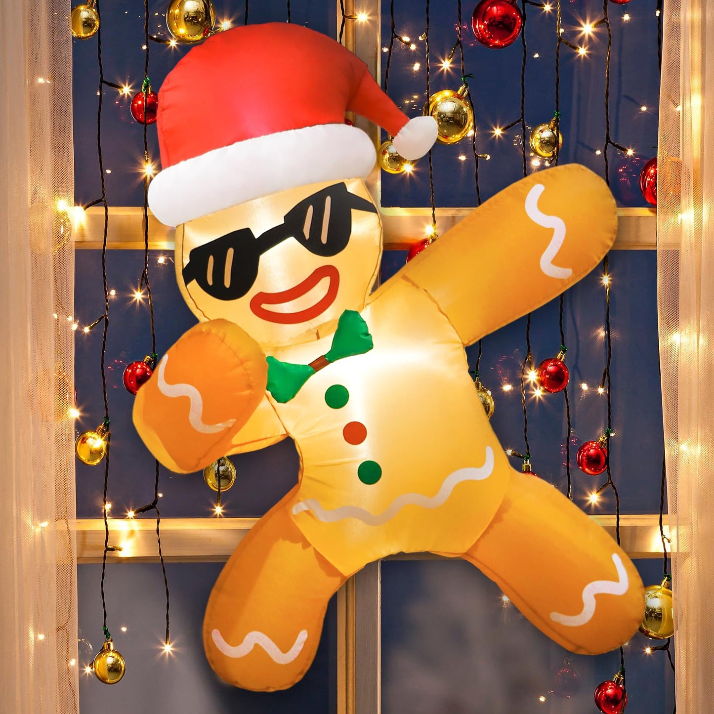 CYAOOI 3.5 FT Inflatables Gingerbread Man Christmas Decorations Outdoor, Funny Gingerbread Inflatable with Xmas Hat Broke Out from Window, Christmas Blow Up with LEDs for Indoor Outside Garden Decor