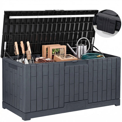 YITAHOME Large Deck Box 120 Gallon Resin Outdoor Storage Box with Slide-Locking Lid, Patio Storage Bin Bench Seat for Outdoor Pillows, Garden Tools and Pool Supplies, Waterproof Lockable, Dark Gray