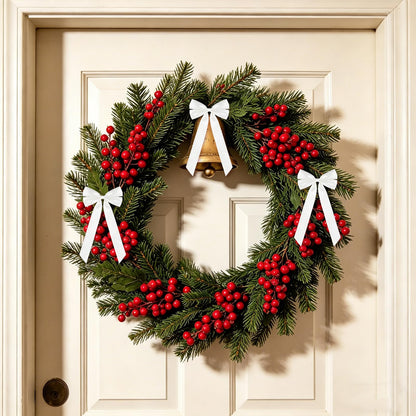 50Pcs White Satin Bows for Christmas Tree, 4 x 8 inch Xmas Ornaments with Pre-Made Twist Ties & Self-Adhesive, for Tree Cabinet Front Door Wreath Holiday Home Decor
