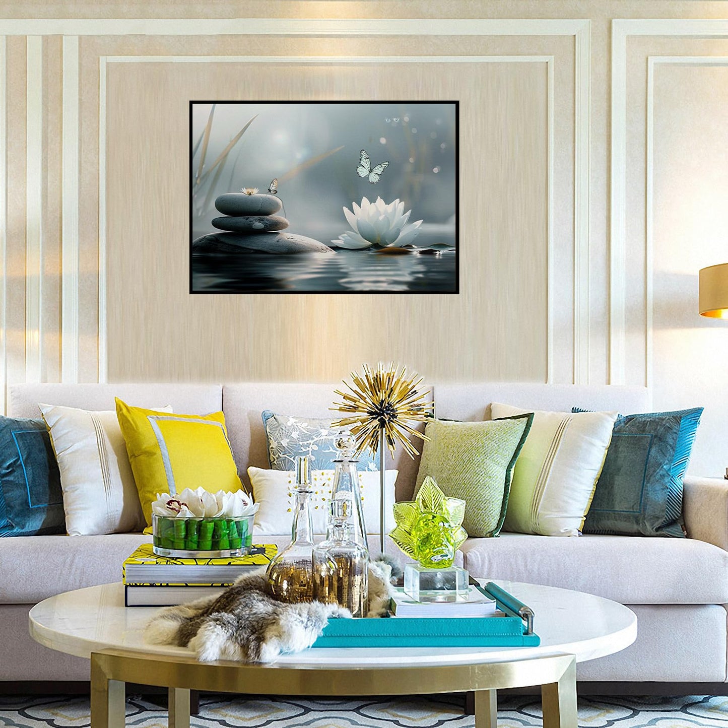 Floral Butterfly Lotus Canvas Wall Art Framed Painting Prints Posters Artwork Wall Decor Zen Spa Decor Spiritual Wall Art Yoga Meditation Room Zen Office Wall Decor 16x24 Inches
