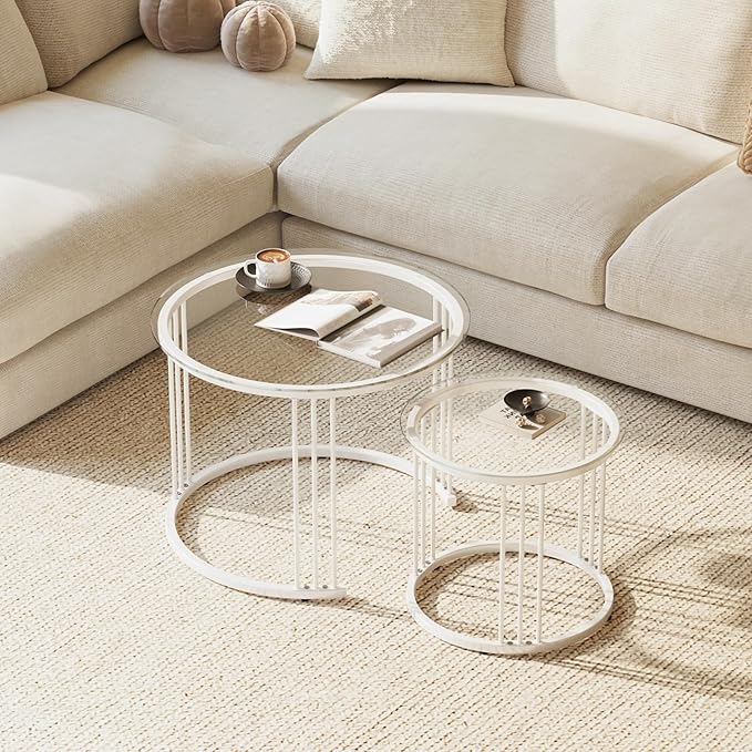 Garden 4 you Nesting Coffee Table, 23.6" Round Coffee Table Set of 2, Glass