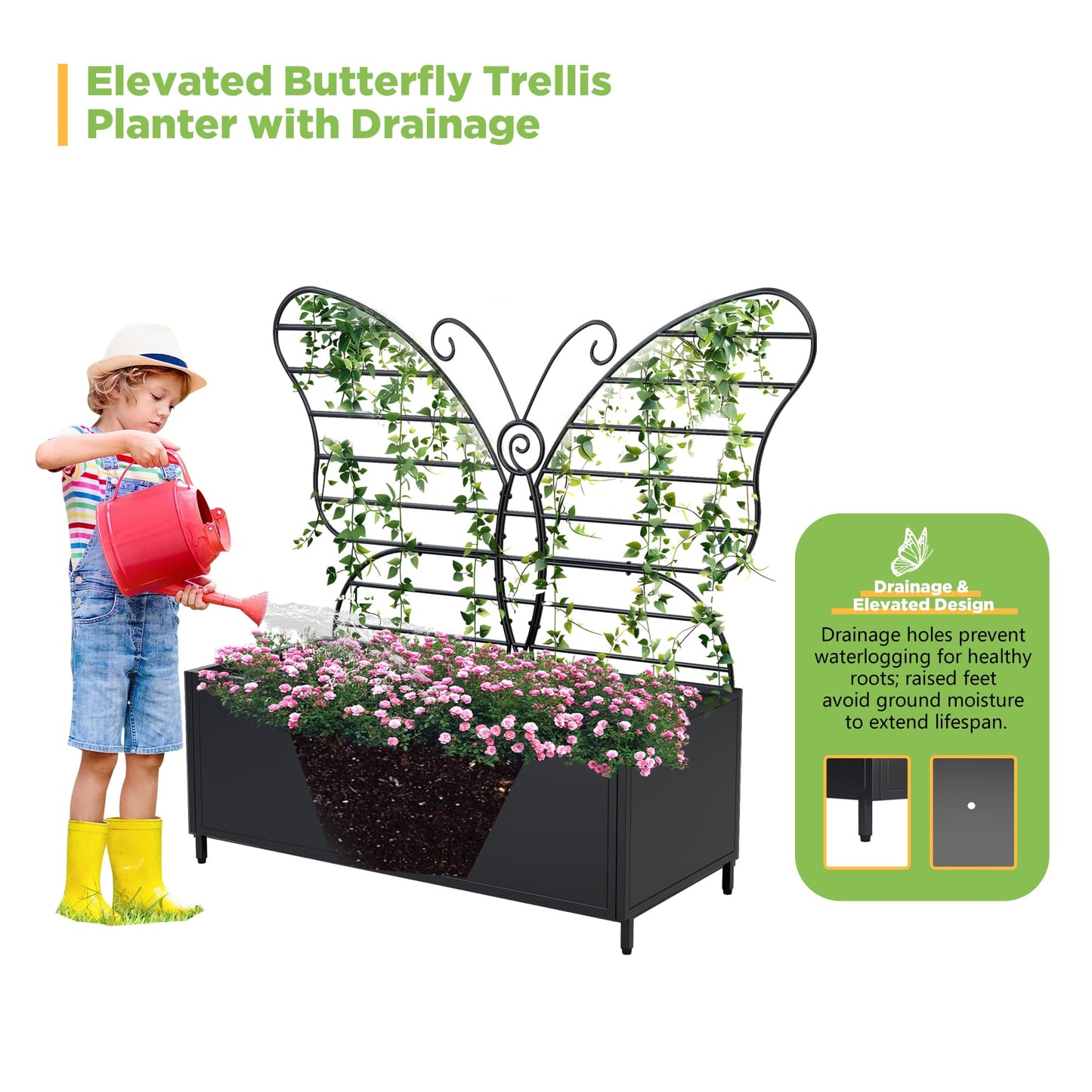 Zyphorinth Metal Planter Box with Trellis, Raised Garden Bed for Climbing Plants, Vegetables, Vines, Privacy Planters for Patio with Drainage Holes, Black- Butterfly-Shaped