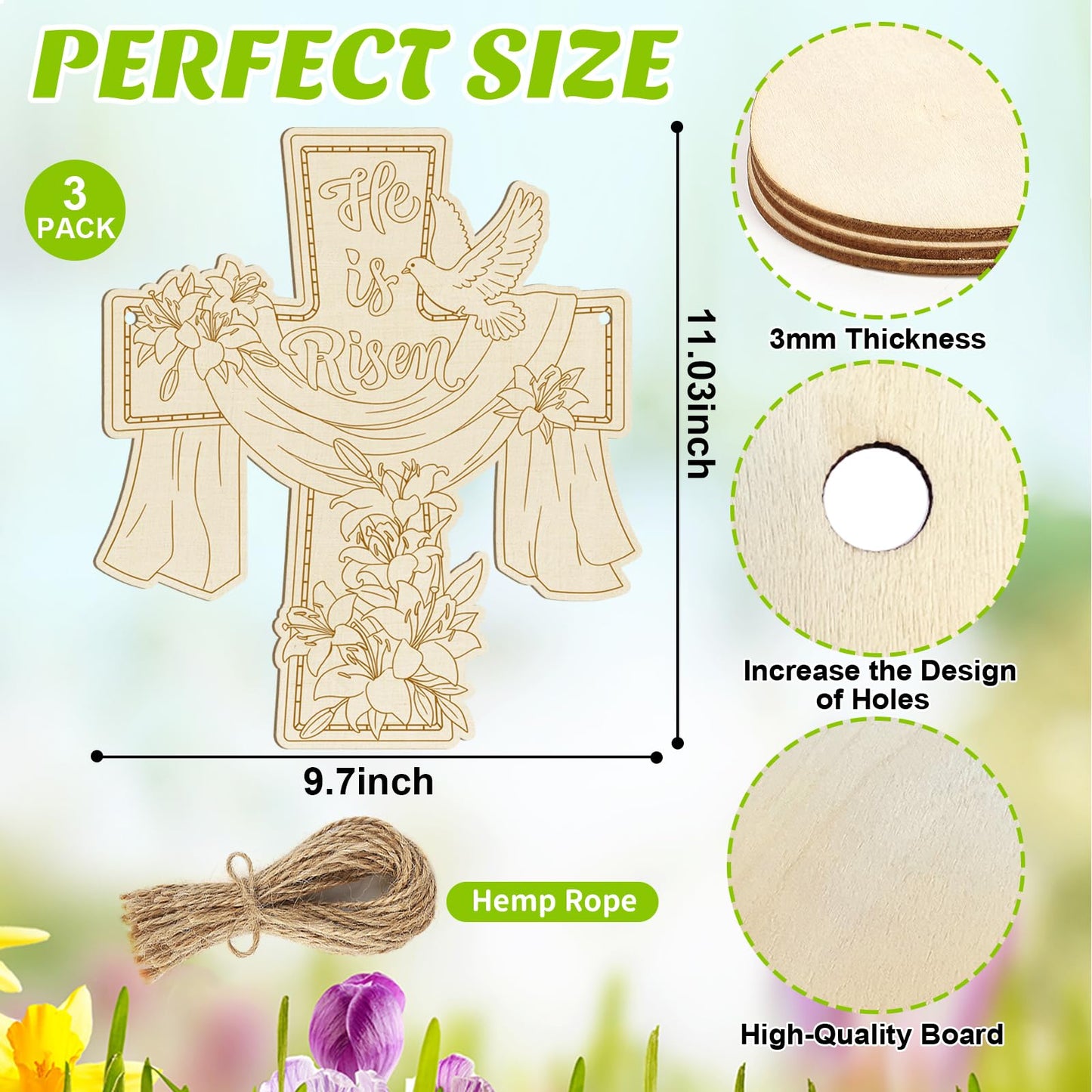 Large Size 12" Wooden Easter Ornaments to Paint,Wooden DIY Blank Unfinished Christian Religious Ornament Happy Easter Jesus He is Risen Door Sign Lily Cross Hanging Plaque Crafts Hanging Decorations